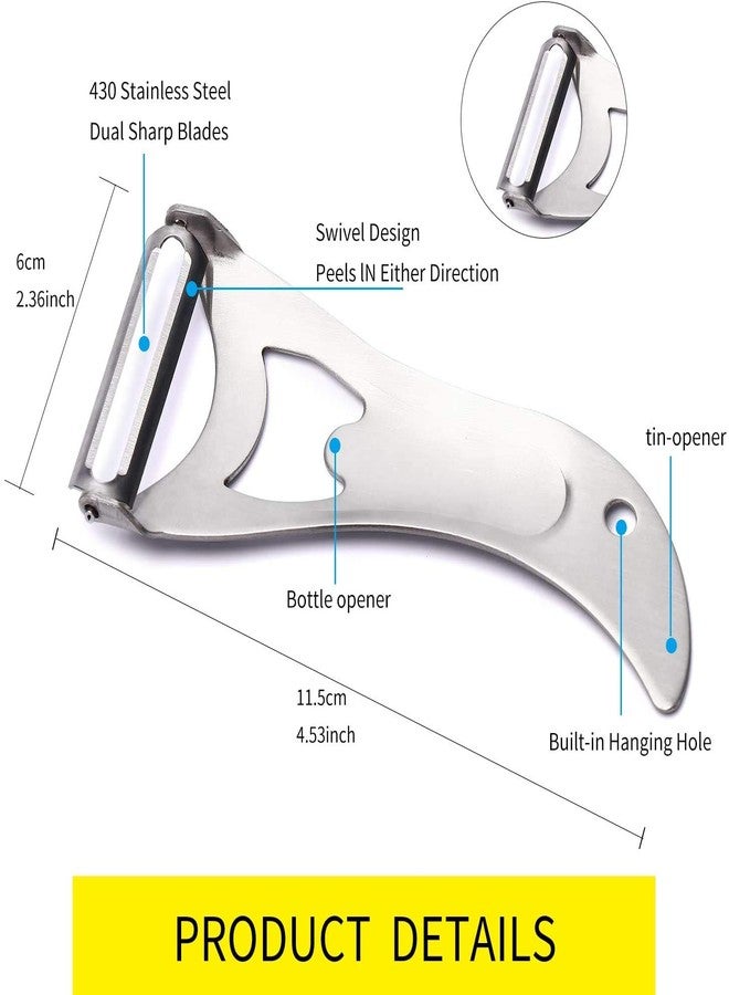 هاري - مقشرة خضراوات للمطبخ، مقشرة دوارة متعددة الوظائف من الفولاذ المقاوم للصدأ للتفاح والبطاطس والجزر والخيار والفواكه والخضراوات بتصميم مريح مانع للانزلاق (اللون: فضي) - Image 3